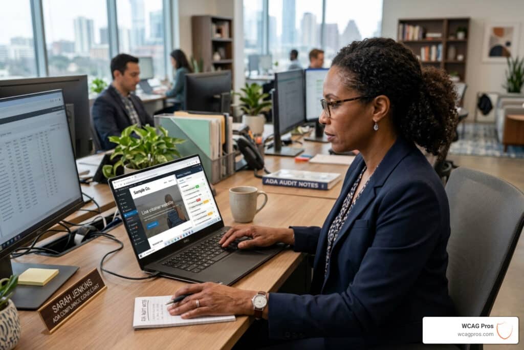 WordPress ADA compliance consultant reviewing website accessibility on laptop - WordPress ADA compliance consultant