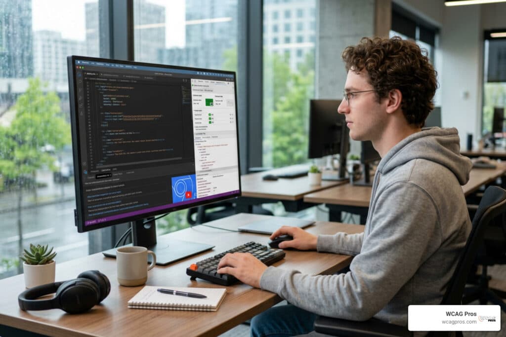 developer analyzing browser code using automated accessibility evaluation tools