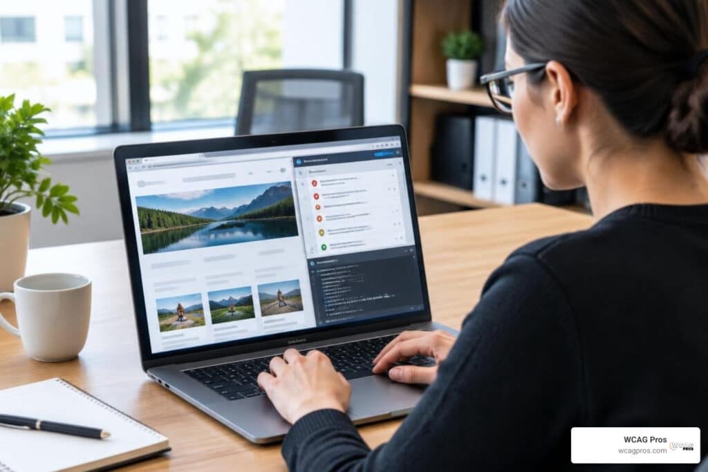 web accessibility professional reviewing a website on a laptop